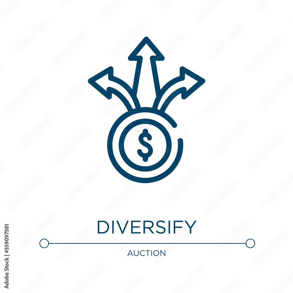 Diversify icon. Linear vector illustration from investing collection. Outline diversify icon vector. Thin line symbol for use on web and mobile apps, logo, print media. Diversify icon. Linear vector illustration from investing collection. Outline diversify icon vector. Thin line symbol for use on web and mobile apps, logo, print media.