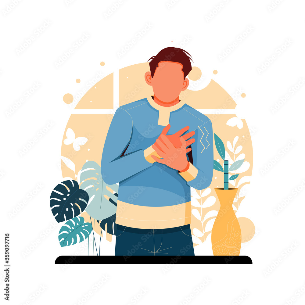 a portrait of a man with heart disease, flat design concept. vector illustration