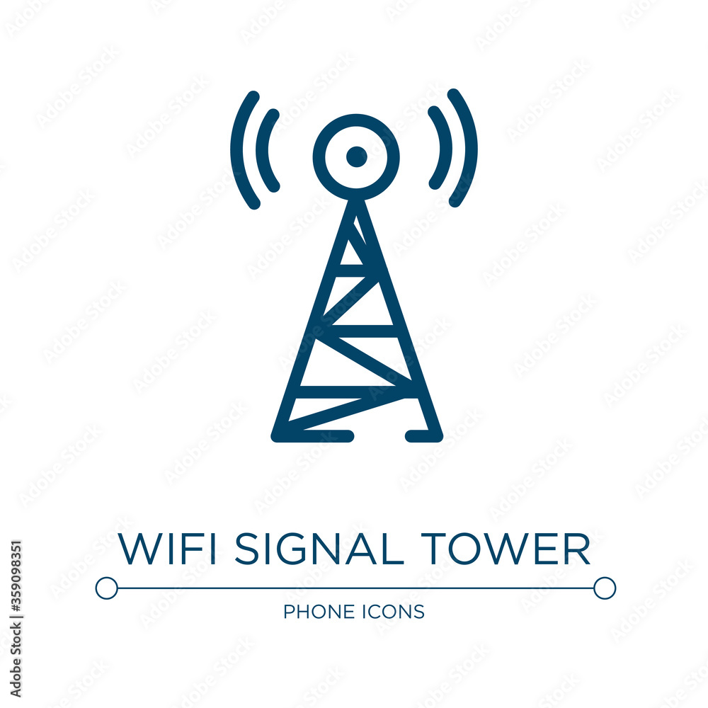 Wifi signal tower icon. Linear vector illustration from phone icons collection. Outline wifi signal tower icon vector. Thin line symbol for use on web and mobile apps, logo, print media. Wifi signal tower icon. Linear vector illustration from phone icons collection. Outline wifi signal tower icon vector. Thin line symbol for use on web and mobile apps, logo, print media.