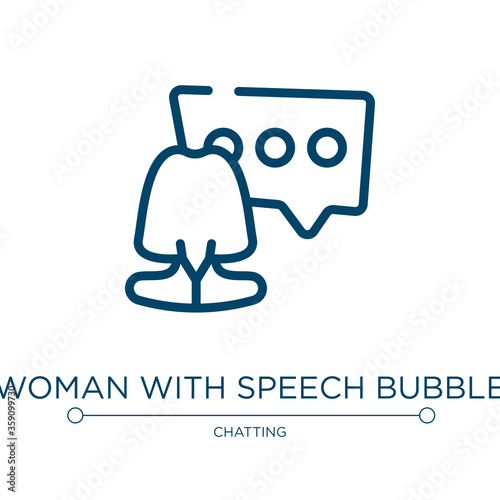 Woman with speech bubble icon. Linear vector illustration from talking collection. Outline woman with speech bubble icon vector. Thin line symbol for use on web and mobile apps, logo, print media.