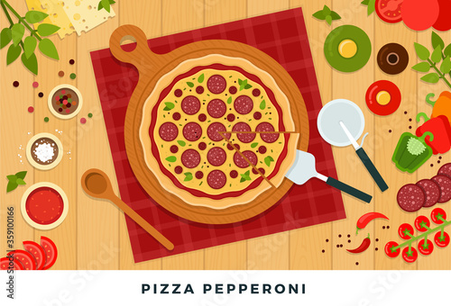 Round delicious pizza pepperoni vector illustration in flat design. Popular fast food. Top view.