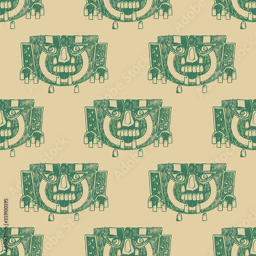 Seamless ethnic pattern with Ancient Peruvian funerary masks. Sican or Lambayeque culture. Pre Columbian Native American art. Monochrome hand drawn linear sketches