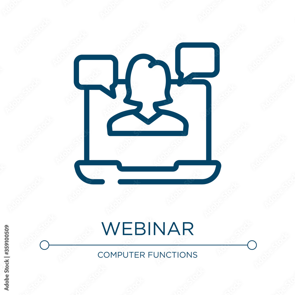 Webinar icon. Linear vector illustration from online learning collection. Outline webinar icon vector. Thin line symbol for use on web and mobile apps, logo, print media. Webinar icon. Linear vector illustration from online learning collection. Outline webinar icon vector. Thin line symbol for use on web and mobile apps, logo, print media.