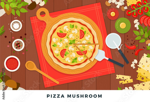 Tasty pizza mushroom vector flat illustration. Popular fast food. Top view.