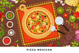 Pizza mexican vector illustration in flat design. Top view meal isolated on white background.