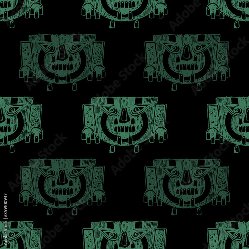 Seamless ethnic pattern with Ancient Peruvian funerary masks. Sican or Lambayeque culture. Pre Columbian Native American art. Monochrome hand drawn linear sketches