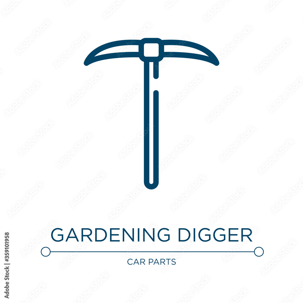 Gardening digger icon. Linear vector illustration from toolbox collection. Outline gardening digger icon vector. Thin line symbol for use on web and mobile apps, logo, print media. Gardening digger icon. Linear vector illustration from toolbox collection. Outline gardening digger icon vector. Thin line symbol for use on web and mobile apps, logo, print media.