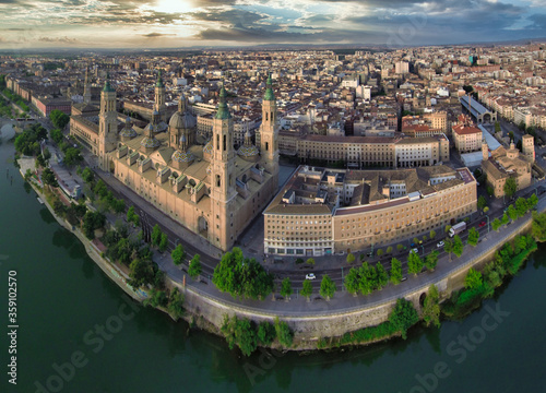 Aerial view in the Cathedral Basilica of Our Lady of the Pillar. Zaragoza,Aragon,Spain. Drone photo