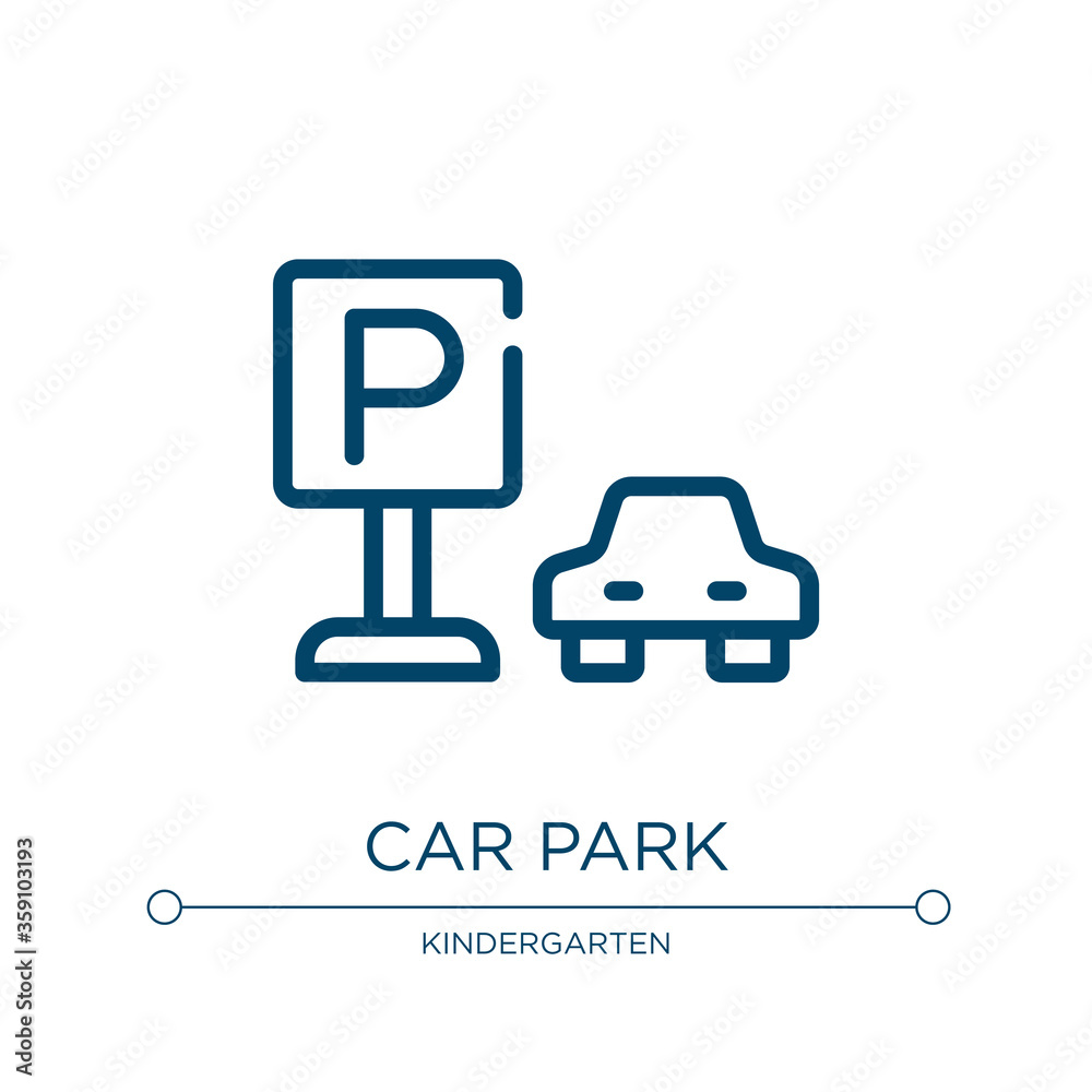 Car park icon. Linear vector illustration from driving school collection. Outline car park icon vector. Thin line symbol for use on web and mobile apps, logo, print media. Car park icon. Linear vector illustration from driving school collection. Outline car park icon vector. Thin line symbol for use on web and mobile apps, logo, print media.