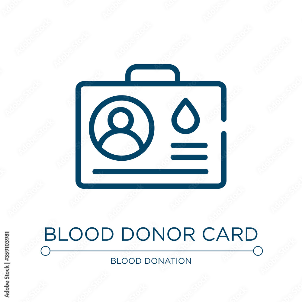 Blood donor card icon. Linear vector illustration from blood donation collection. Outline blood donor card icon vector. Thin line symbol for use on web and mobile apps, logo, print media. Blood donor card icon. Linear vector illustration from blood donation collection. Outline blood donor card icon vector. Thin line symbol for use on web and mobile apps, logo, print media.