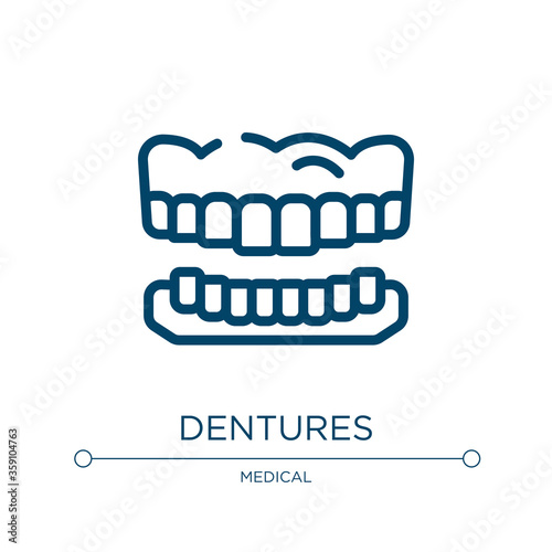 Dentures icon. Linear vector illustration from dentist collection. Outline dentures icon vector. Thin line symbol for use on web and mobile apps, logo, print media.