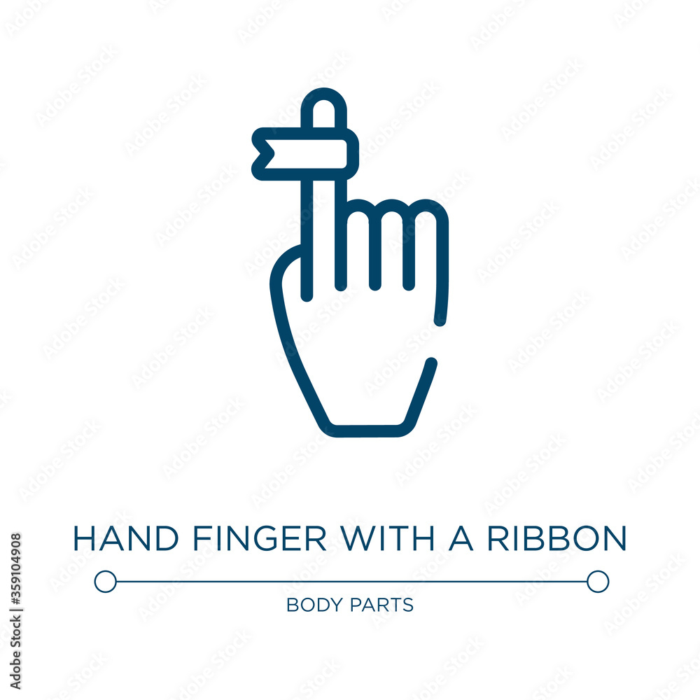 Hand finger with a ribbon icon. Linear vector illustration from body parts collection. Outline hand finger with a ribbon icon vector. Thin line symbol for use on web and mobile apps, logo, print Hand finger with a ribbon icon. Linear vector illustration from body parts collection. Outline hand finger with a ribbon icon vector. Thin line symbol for use on web and mobile apps, logo, print