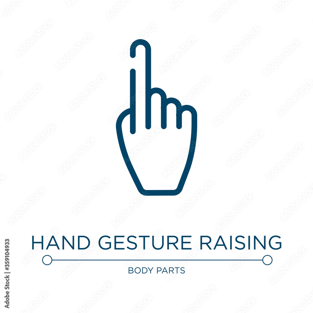 Hand gesture raising the index finger icon. Linear vector illustration from body parts collection. Outline hand gesture raising the index finger icon vector. Thin line symbol for use on web and mobile Hand gesture raising the index finger icon. Linear vector illustration from body parts collection. Outline hand gesture raising the index finger icon vector. Thin line symbol for use on web and mobile