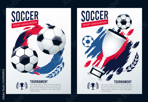 soccer league sport poster with balloons and trophy cup