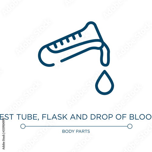 Test tube, flask and drop of blood icon. Linear vector illustration from medicine and health collection. Outline test tube, flask and drop of blood icon vector. Thin line symbol for use on web and