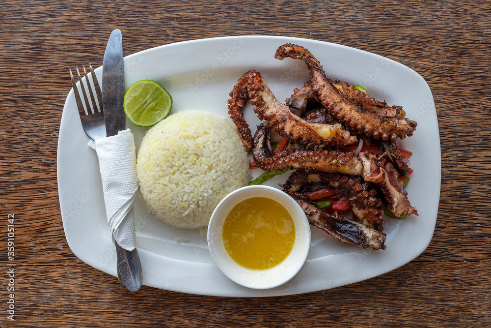 Fried octopus tentacles with white rice on a plate, close up Fried octopus tentacles with white rice on a plate, close up