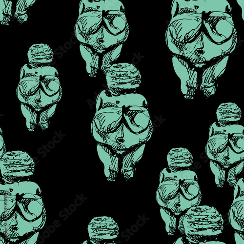 Seamless abstract pattern with silhouettes of Venus of Willendorf. Figurines of Paleolithic fertility goddess. Female archetype of Great Mother.