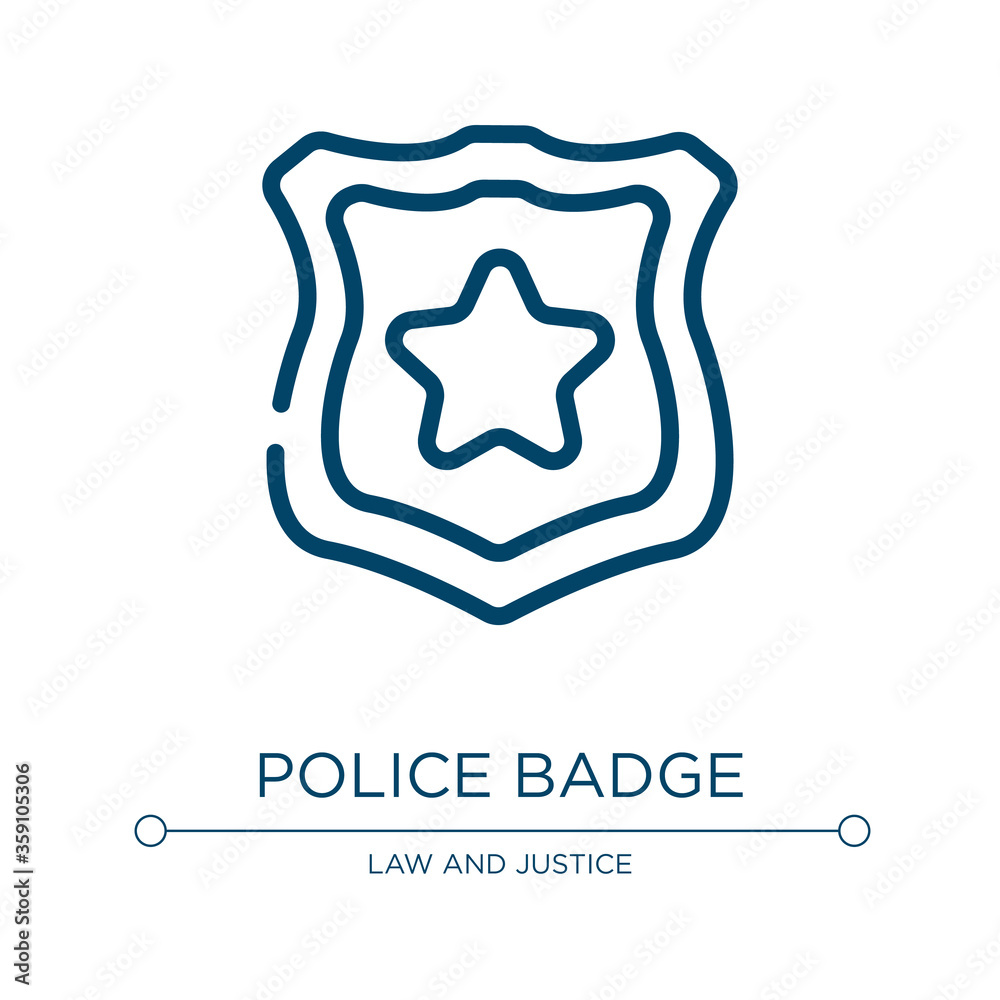 Police badge icon. Linear vector illustration from law and justice collection. Outline police badge icon vector. Thin line symbol for use on web and mobile apps, logo, print media. Police badge icon. Linear vector illustration from law and justice collection. Outline police badge icon vector. Thin line symbol for use on web and mobile apps, logo, print media.