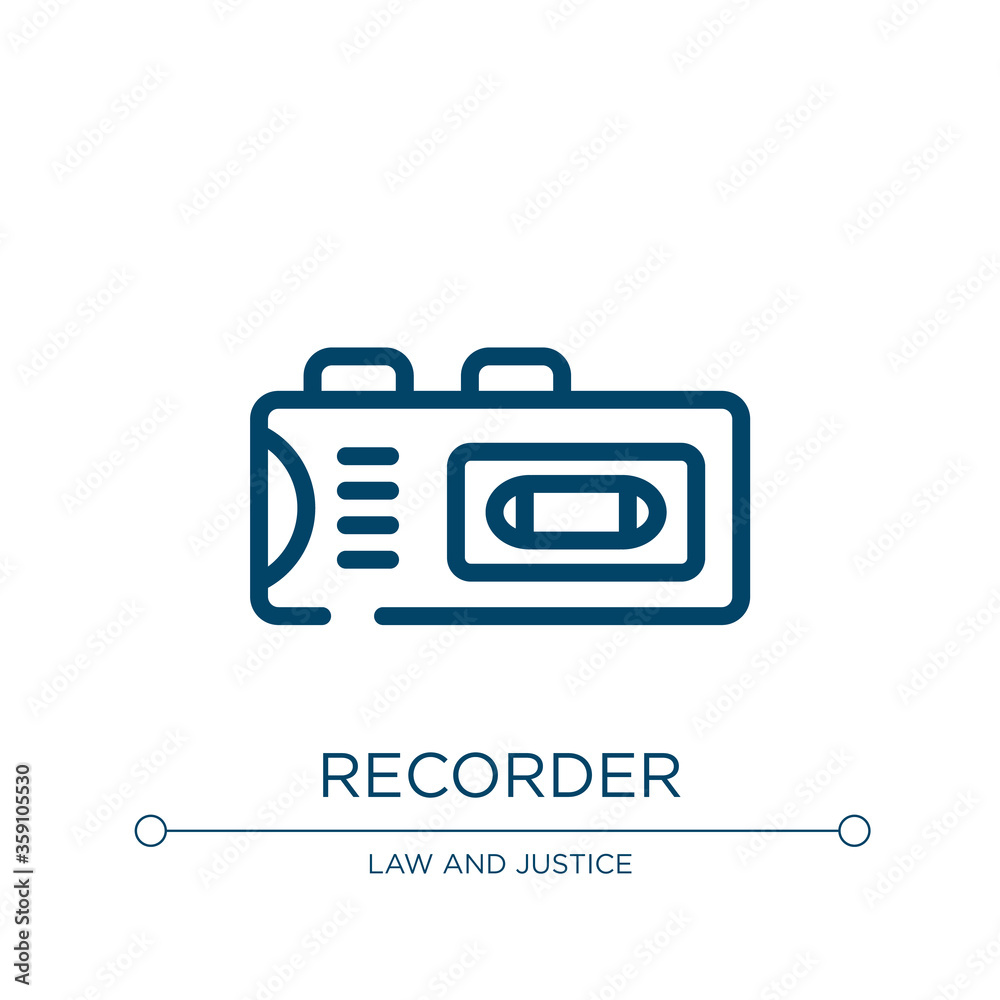Recorder icon. Linear vector illustration from law and justice collection. Outline recorder icon vector. Thin line symbol for use on web and mobile apps, logo, print media. Recorder icon. Linear vector illustration from law and justice collection. Outline recorder icon vector. Thin line symbol for use on web and mobile apps, logo, print media.
