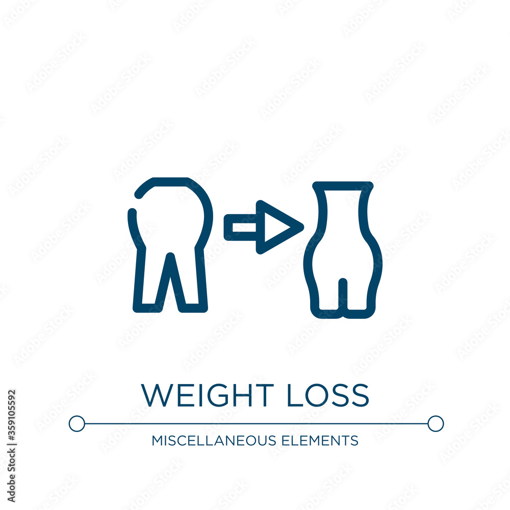 Weight loss icon. Linear vector illustration from sports collection. Outline weight loss icon vector. Thin line symbol for use on web and mobile apps, logo, print media. Weight loss icon. Linear vector illustration from sports collection. Outline weight loss icon vector. Thin line symbol for use on web and mobile apps, logo, print media.