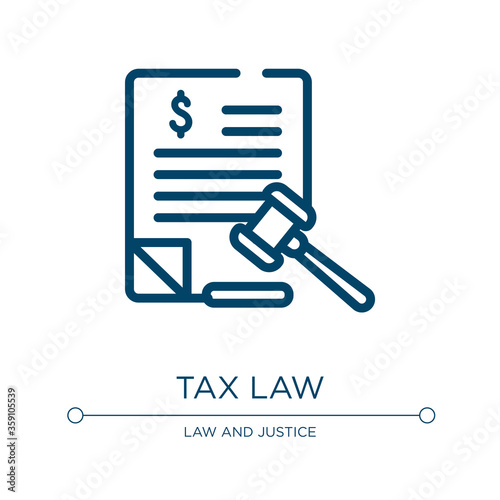 Tax law icon. Linear vector illustration from law and justice collection. Outline tax law icon vector. Thin line symbol for use on web and mobile apps, logo, print media.
