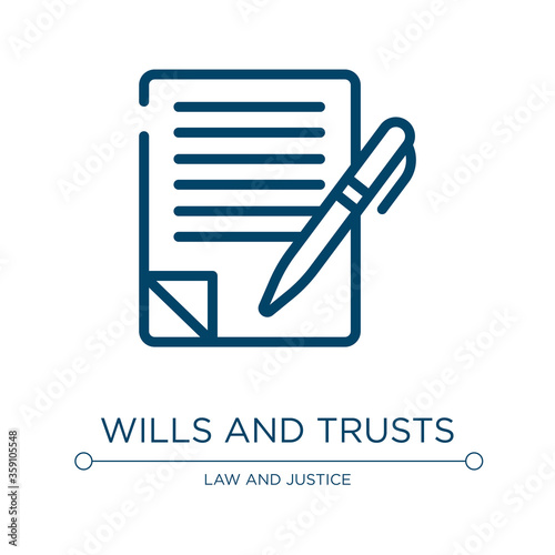 Wills and trusts icon. Linear vector illustration from law and justice collection. Outline wills and trusts icon vector. Thin line symbol for use on web and mobile apps, logo, print media.