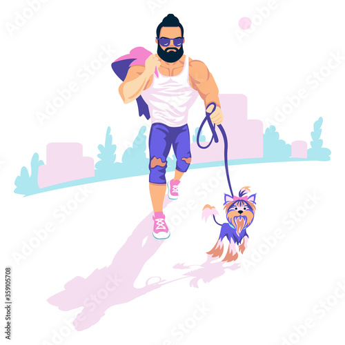 Man with small yorkshire terrier vector illustration. Bearded athlete guy walk a dog flat style design.