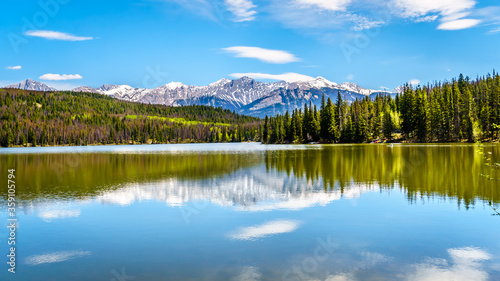 Reflection of the Colin Mountain Range in Pyramid Lake in Jasper National Park in Alberta, Canada. The brown trees on the slopes are Pine Trees destroyed by the Pine Beetle