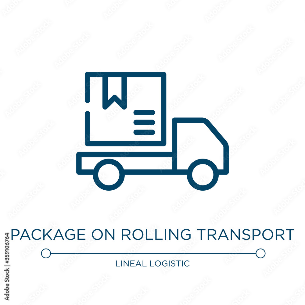 Package on rolling transport icon. Linear vector illustration from lineal logistic collection. Outline package on rolling transport icon vector. Thin line symbol for use on web and mobile apps, logo, Package on rolling transport icon. Linear vector illustration from lineal logistic collection. Outline package on rolling transport icon vector. Thin line symbol for use on web and mobile apps, logo,