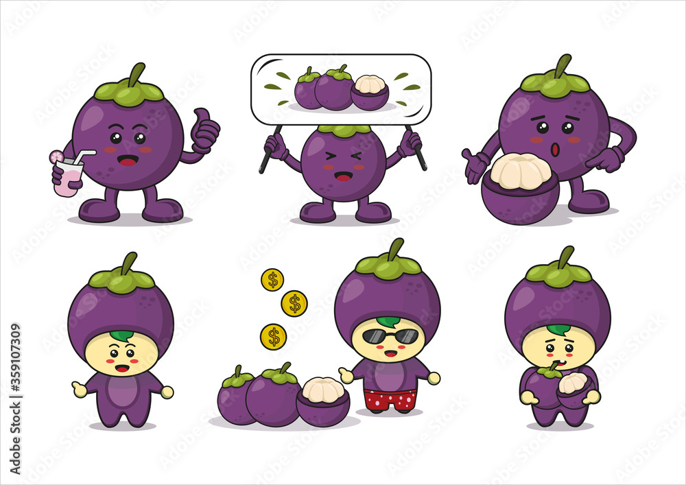 Obraz premium Mangosteen Cartoon Design. illustration of fruit vector characters