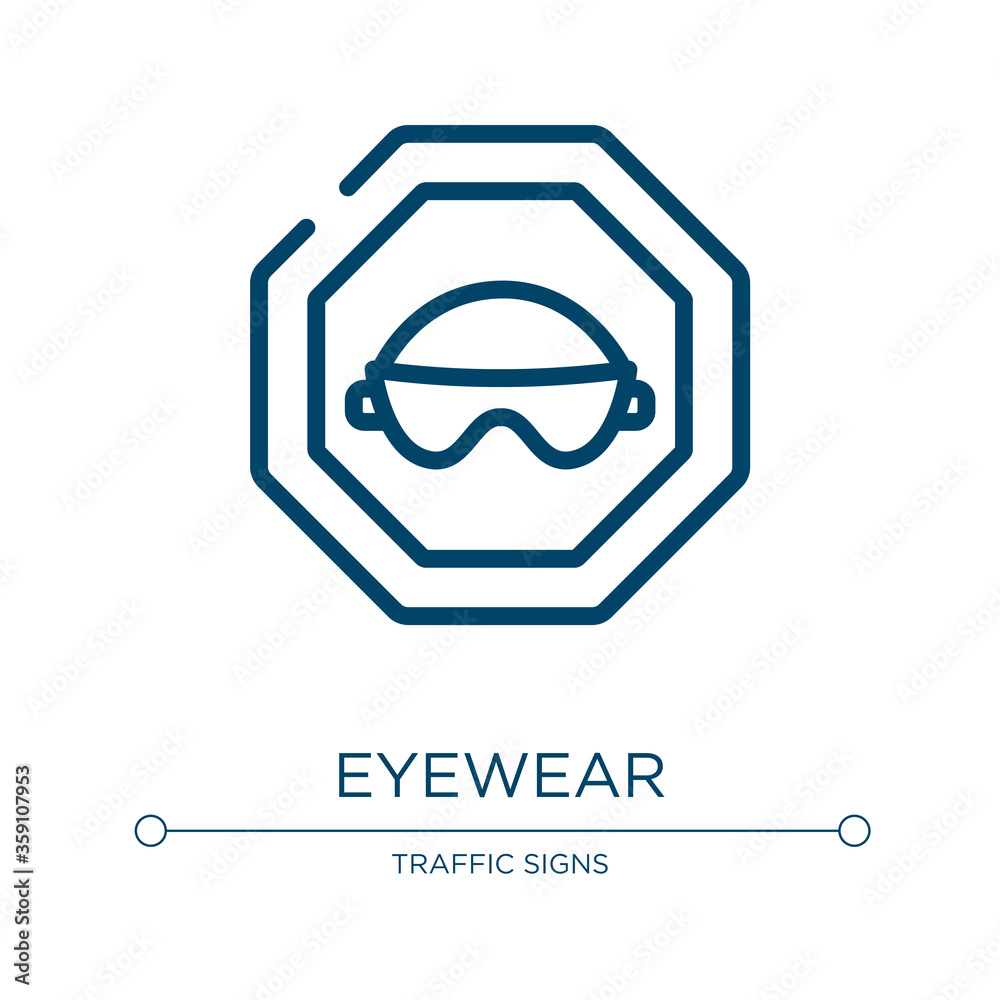 Eyewear icon. Linear vector illustration from health and safety collection. Outline eyewear icon vector. Thin line symbol for use on web and mobile apps, logo, print media. Eyewear icon. Linear vector illustration from health and safety collection. Outline eyewear icon vector. Thin line symbol for use on web and mobile apps, logo, print media.