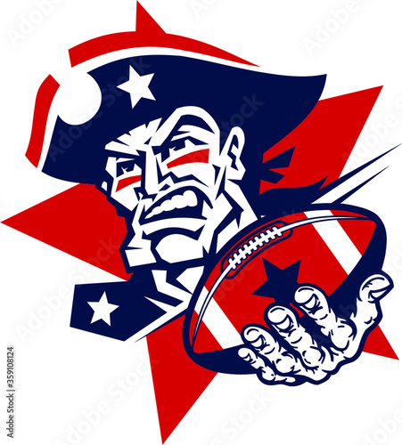 patriots football mascot holding ball in hand inside star for school, college or league