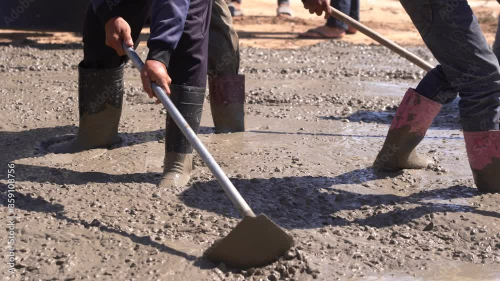 Workers pouring concrete with a cement mixer truck. Workers pouring concrete with a cement mixer truck.