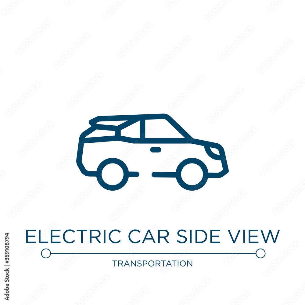 Electric car side view icon. Linear vector illustration from transporters collection. Outline electric car side view icon vector. Thin line symbol for use on web and mobile apps, logo, print media.