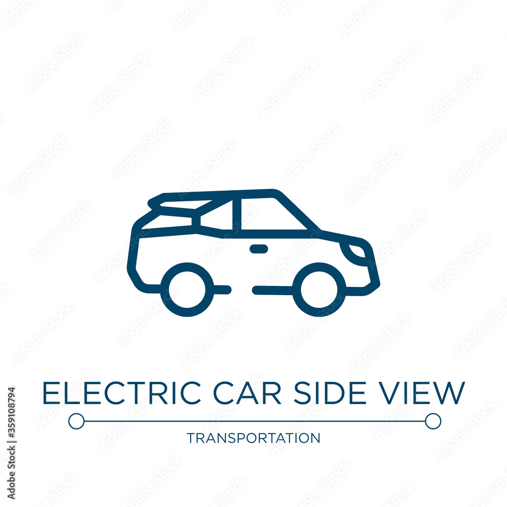 Obraz premium Electric car side view icon. Linear vector illustration from transporters collection. Outline electric car side view icon vector. Thin line symbol for use on web and mobile apps, logo, print media.
