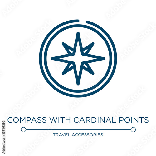 Compass with cardinal points icon. Linear vector illustration from travel and tourism collection. Outline compass with cardinal points icon vector. Thin line symbol for use on web and mobile apps,