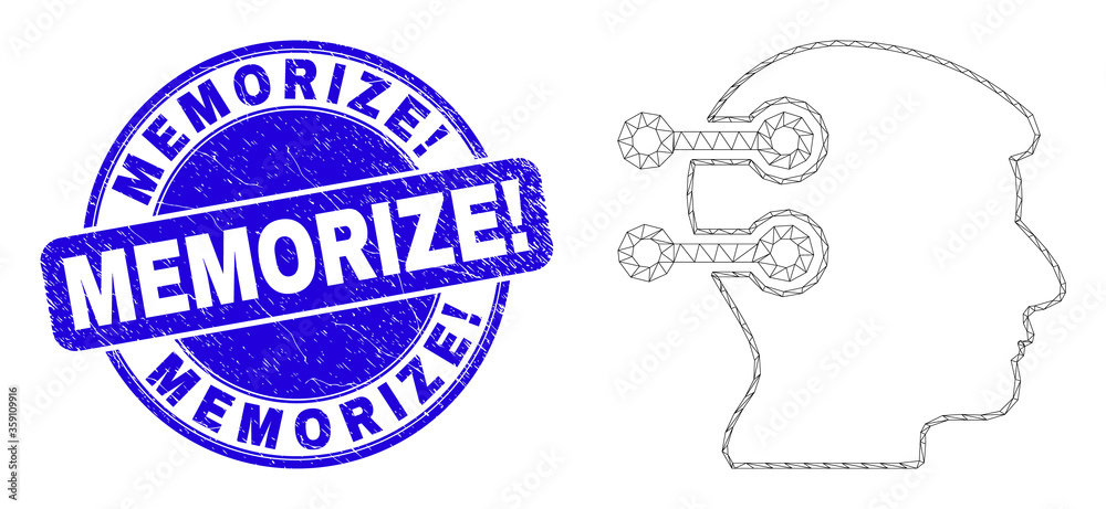 Obraz premium Web mesh brain interface links pictogram and Memorize! seal stamp. Blue vector rounded scratched seal stamp with Memorize! message.