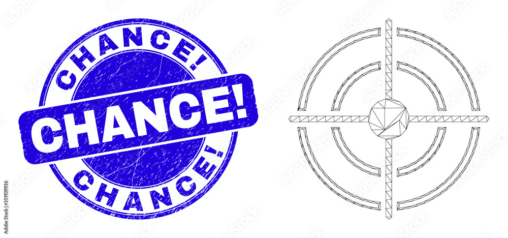 Web carcass bullseye pictogram and Chance! seal. Blue vector round scratched seal stamp with Chance! title. Abstract carcass mesh polygonal model created from bullseye icon.