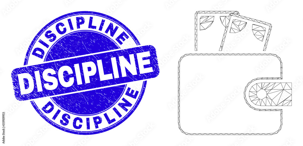 Web mesh cash purse pictogram and Discipline watermark. Blue vector rounded textured stamp with Discipline message. Abstract frame mesh polygonal model created from cash purse pictogram. Web mesh cash purse pictogram and Discipline watermark. Blue vector rounded textured stamp with Discipline message. Abstract frame mesh polygonal model created from cash purse pictogram.