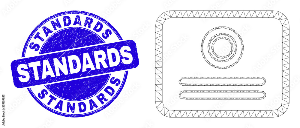 Obraz premium Web carcass certificate icon and Standards seal stamp. Blue vector rounded grunge seal stamp with Standards text. Abstract carcass mesh polygonal model created from certificate icon.