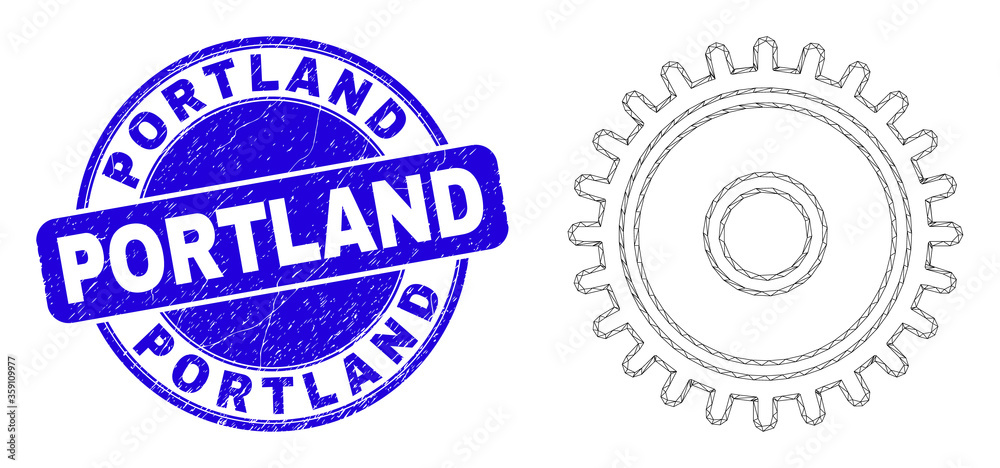 Web mesh cog icon and Portland watermark. Blue vector round scratched watermark with Portland title. Abstract carcass mesh polygonal model created from cog icon.
