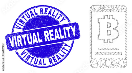Web mesh bitcoin mobile account icon and Virtual Reality seal. Blue vector rounded textured seal stamp with Virtual Reality title.