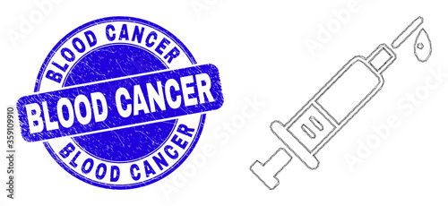 Web mesh blood syringe pictogram and Blood Cancer watermark. Blue vector rounded distress watermark with Blood Cancer title. Abstract frame mesh polygonal model created from blood syringe pictogram.