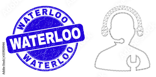 Web mesh call center serviceman pictogram and Waterloo stamp. Blue vector rounded distress seal stamp with Waterloo title.