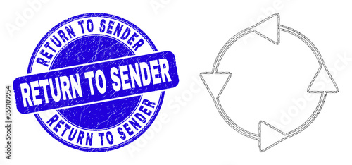Web mesh CCW circulation arrows pictogram and Return to Sender seal. Blue vector round textured seal stamp with Return to Sender message.