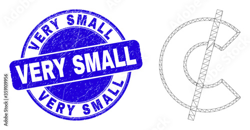 Web carcass cent pictogram and Very Small seal stamp. Blue vector rounded textured seal stamp with Very Small caption. Abstract carcass mesh polygonal model created from cent pictogram.