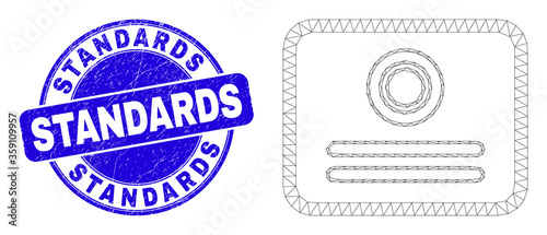 Web carcass certificate icon and Standards seal stamp. Blue vector rounded grunge seal stamp with Standards text. Abstract carcass mesh polygonal model created from certificate icon.
