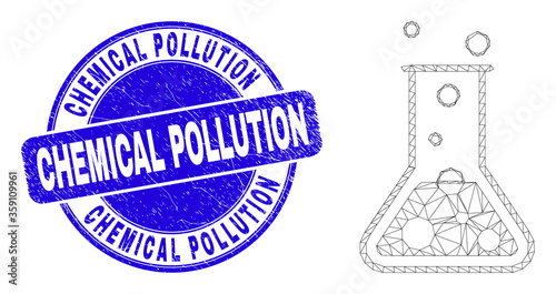 Web mesh chemical retort pictogram and Chemical Pollution watermark. Blue vector round distress watermark with Chemical Pollution caption.