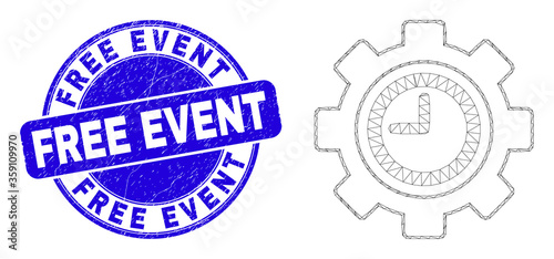 Web mesh clock settings gear pictogram and Free Event stamp. Blue vector round grunge watermark with Free Event text. Abstract carcass mesh polygonal model created from clock settings gear pictogram.