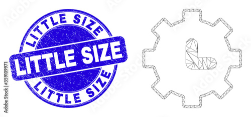 Web carcass clock settings icon and Little Size seal stamp. Blue vector round distress seal stamp with Little Size message. Abstract carcass mesh polygonal model created from clock settings icon.